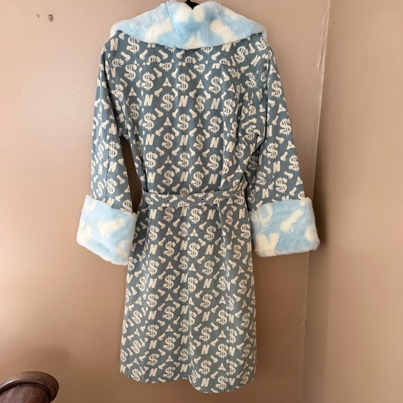 Namilia Peen print denim coat trench monogram dollar sign faux fur Dolls kill S - Picture 9 of 13